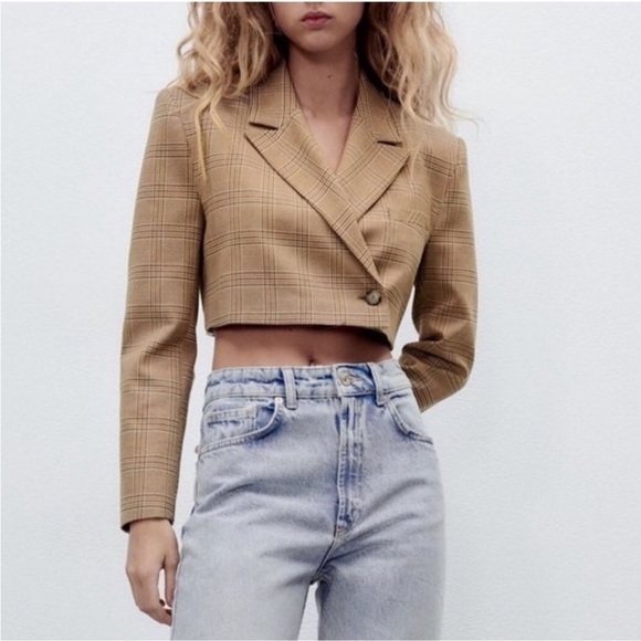 Zara Crop Blazer Jacket Plaid Tan Brown Boxy Blogger Preppy Size XS - Picture 1 of 8